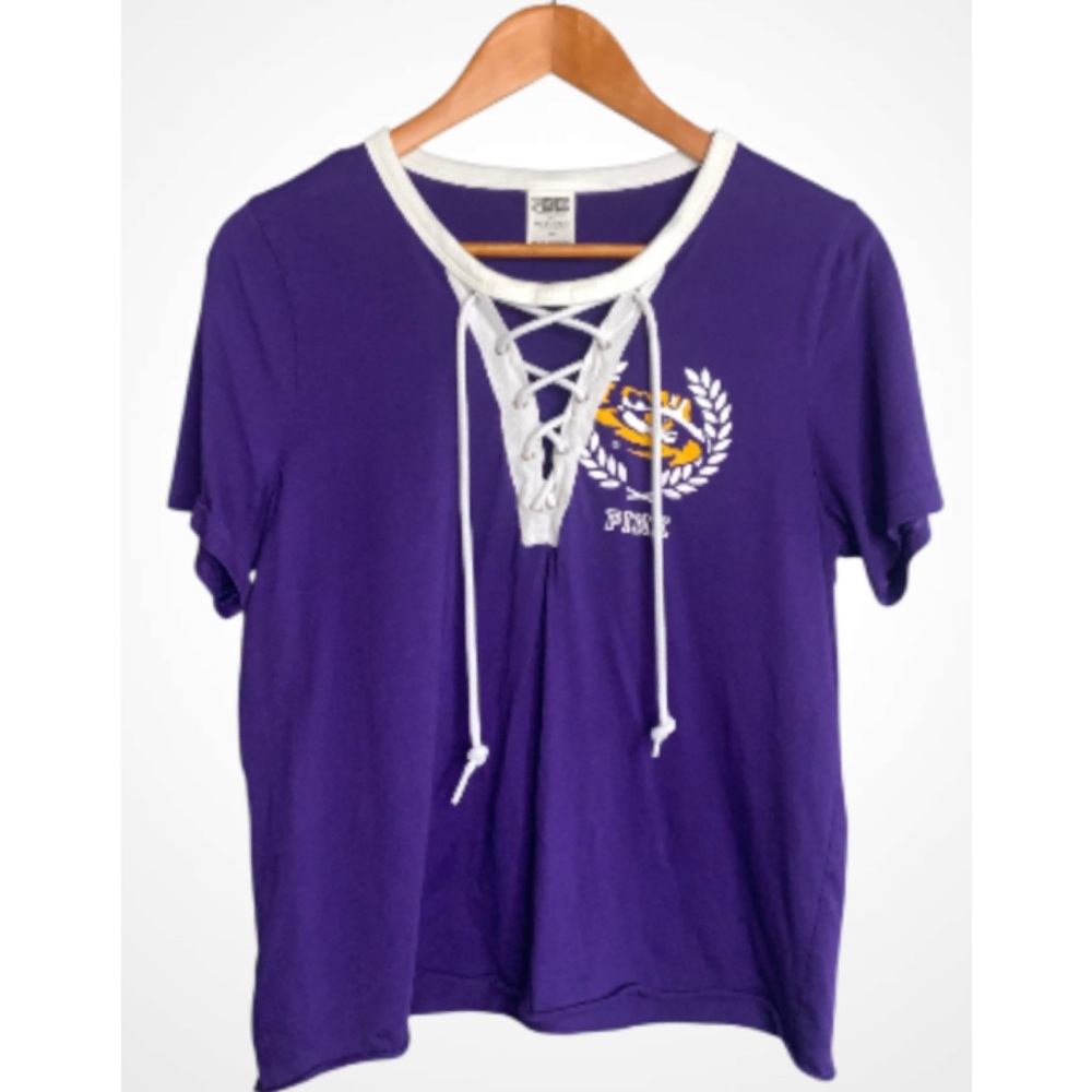PINK Victoria's Secret Purple LSU Lace-Up Short Sleeve Top Large